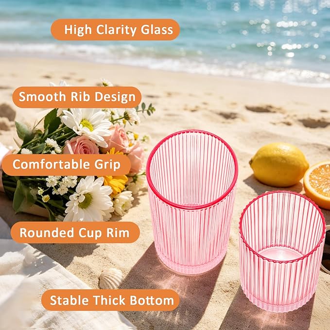 14 oz & 18 oz Ribbed Drinking Glasses Set of 12, Vintage Iced Coffee Cups Elegant Glassware, Highball Glass Cups Ridged Glass Tumbler for Cocktail, Whiskey, Beer, Water, Juice, Origami Style Pink