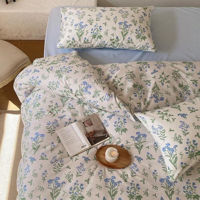HighBuy Blue Floral Comforter Set King White Green Botanical Bedding Comforter Set Bed Soft Cottagecore Blue Flowers Bedding Set Coquette Aesthetic Farmhouse,1 King Comforter with 2 Pillowcase