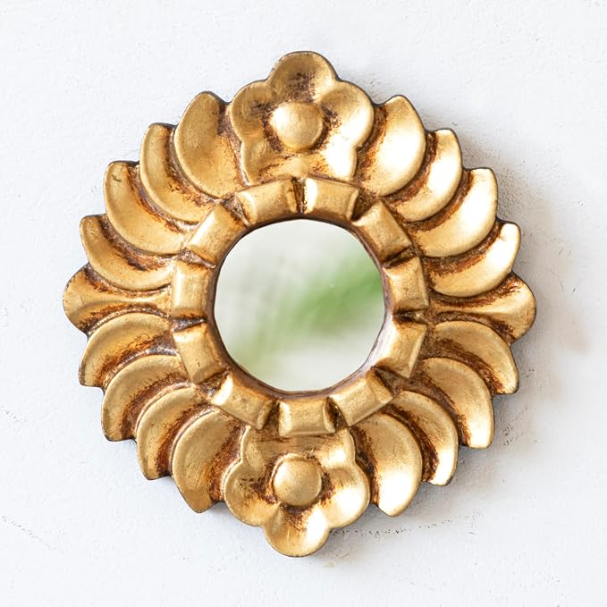 Peruvian Accent Mirror 6" - Small Round Gold Wall Decor - Hand-Carved Sunburst Mirror with Bronze Leaf - Unique (Gold)