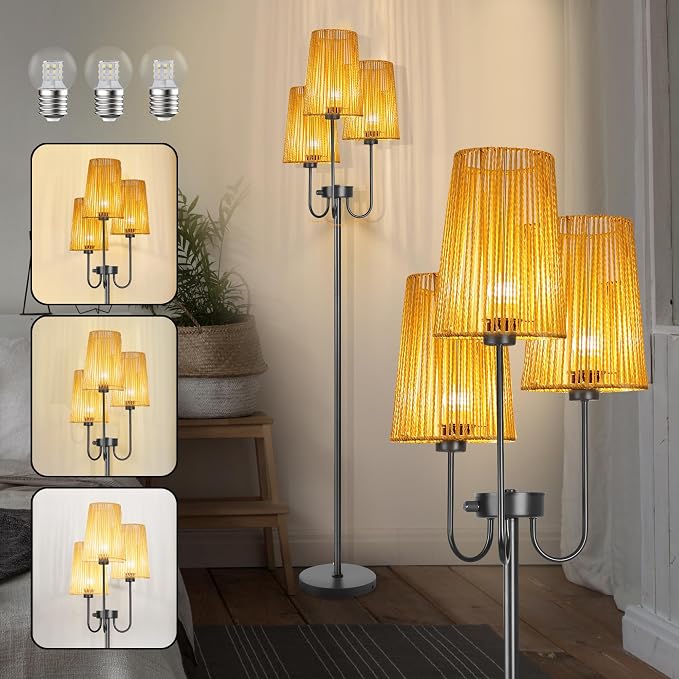 3 Lights Boho Floor Lamp for Living Room, Farmhouse Standing Lamp with Rattan Shades and Bulbs, Adjustable Color Temperature, 65" Rustic Tree Tall Lamps for Bedroom,Office, ON/Off Foot Switch