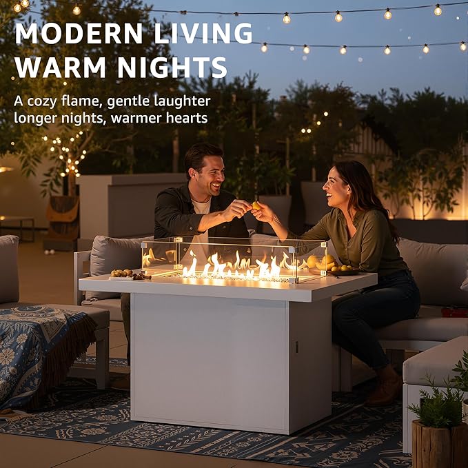 NICESOUL Aluminum Outdoor Propane Fire Pit Table, 60,000 BTU Rectangle Natural Gas Firepits, Rust-Proof All-Weather Fire Table with Wind Guard & Glass Rocks for Patio Outside CSA-Certified, White