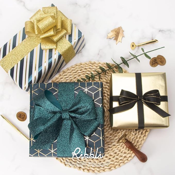 Ribbli Teal Gold Father’s Day Wrapping Paper Mini Roll, 3 Rolls Birthday Gift Wrap for Men Boy Friend Wedding - 17 inch x 120 inch(10feet) Per Roll