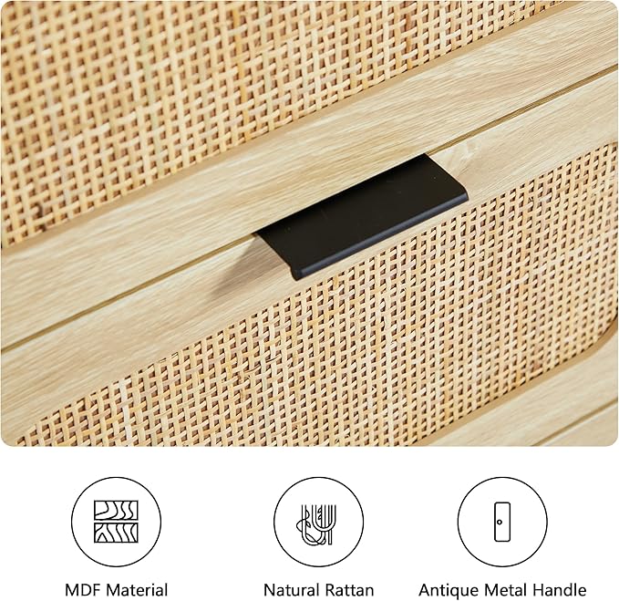 9 Drawer Dresser with Rattan Finish, Modern Farmhouse Chest of Drawers with Metal Handles, Accent Wood Dresser for Bedroom, Living Room (Natural)