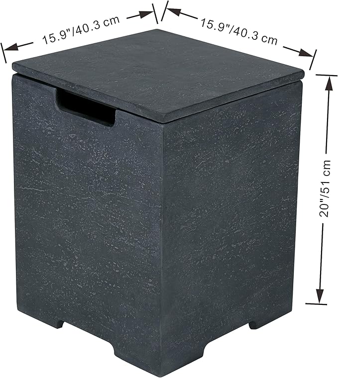AMS Fireplace | Elementi Square Travertine Dark Grey Propane Tank Cover | Marble Porcelain Top with Concrete GFRC Base | 15.9 × 15.9 × 20 inches | Suited For Positano Dark Grey Fire Pit Table