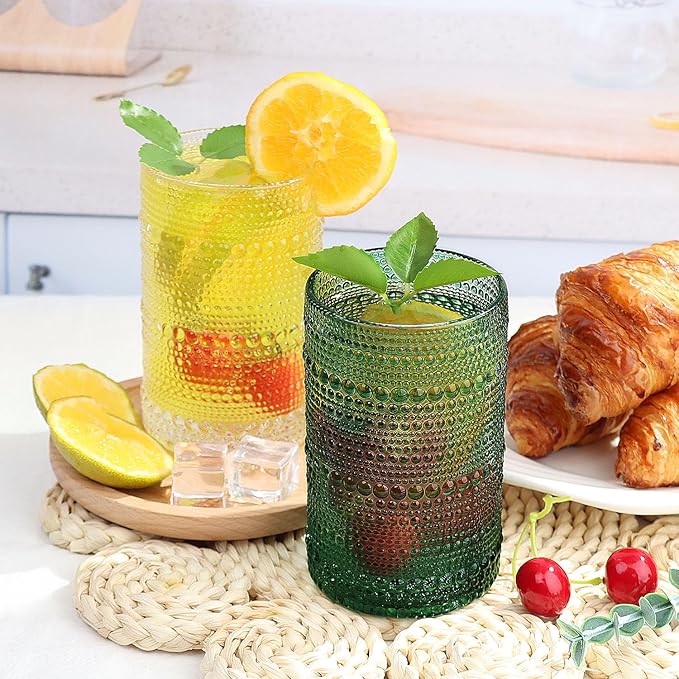 Hobnail-Drinking Glasses 13oz Vintage Glassware Sets Cocktail Juice Glasses Set of 6, Blackish Green