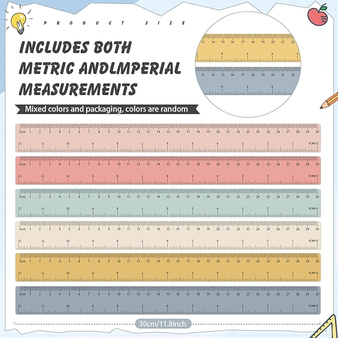 ForraFun 60 Pcs Plastic Clear Rulers 12 Inch, Transparent Assorted Color Ruler Bulk, with Imperial and Metric Scales for Home Office Supplies, Available in 6Colors (Bohemian Colors)