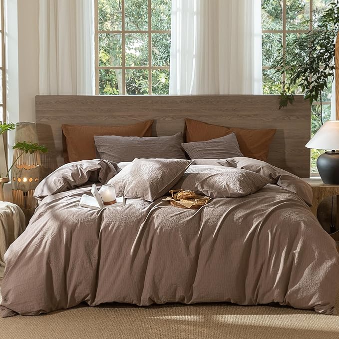MooMee Wavy Striped Duvet Cover Set 100% Washed Cotton Linen Like Textured Breathable Durable Soft Comfy (Brown, Oversized Queen 98"x98")