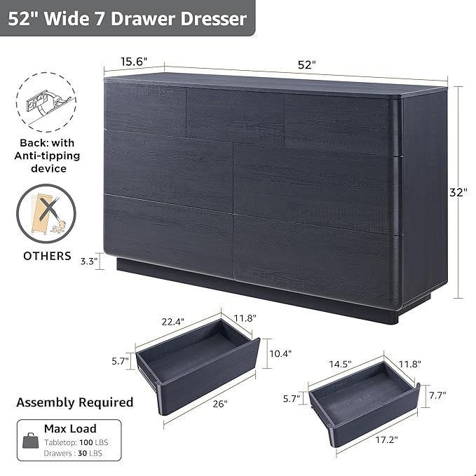 JXQTLINGMU 7 Drawer Dresser for Bedroom, Modern Push-to-Open Chest of Drawers, Large Wood Storage w/Curved Profile & Handleless Design, 52" Wide Dresser TV Stand for Bedroom, Living Room, Black