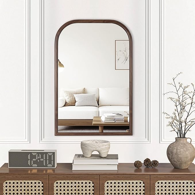 20"x30" Arch Wall Mirror Bathroom Mirror for Wall Mounted, Tempered Glass, Wood Grain Finish Frame Wall Mirror Decorative for Bedroom Living Room Entryway, Rustic Brown
