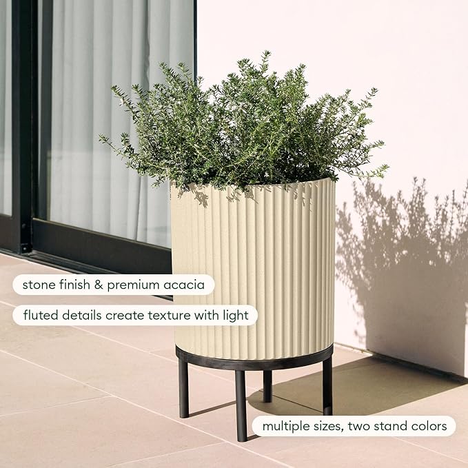 Veradek Demi Series Round Planter w/Stand for Porch/Patio | Durable Plastic-Stone Composite & Wooden Stand | Modern Décor for Tall Plants, Flowers