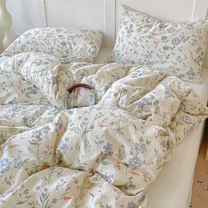 EAVD Vintage Style Floral Duvet Cover Queen Soft 100% Cotton Chic Shabby Garden Floral Bedding Set with 2 Pillowcases Fresh Cottagecore Botanical Comforter Cover with Zipper Closure