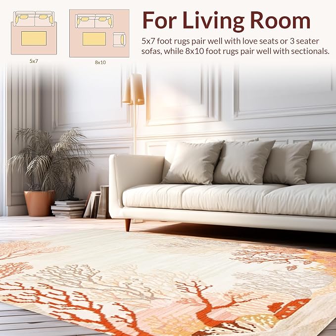 Flatwoven High Traffic Area Rug 8x10, Oceanic Reef Inspired Branching Abstract Design, Non Slip, Stain Resistant, Washable Area Rugs for Living Room, Bedroom (Coral, 8x10)
