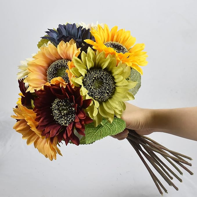 Multicolor Artificial Sunflower Flowers Long Stem Large Silk Sunflowers Bridal Wedding Bouquet 6pcs Fake Yellow Flower Arrangements for Outdoor