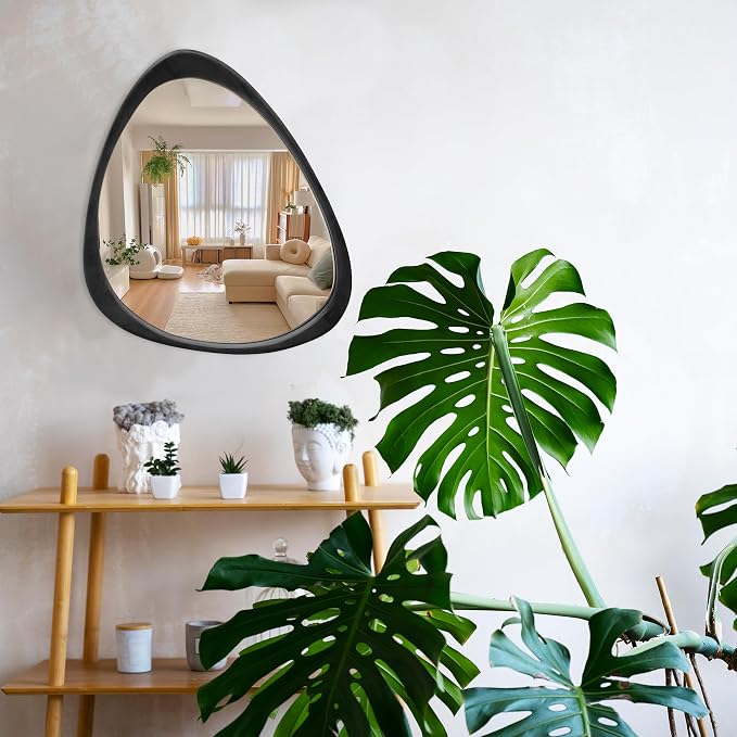24''x19'' Asymmetrical Mirror with Wood Frame Black, Small Irregular Wall Mirror, Odd Shaped Mid Century Modern Mirror Decor for Bedroom Living Room Entryway Hall