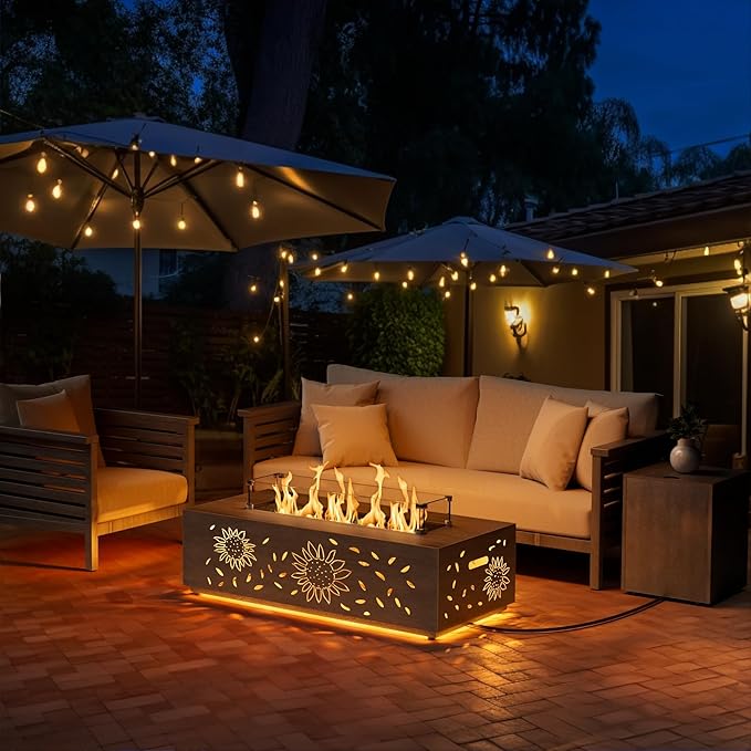 2-Piece 42" LED Rectangular Propane Fire Pit for Outside Patio with Hidden Tank Table, 50,000 BTU Fireplaces with Glass Wind Guard, Lid, Glass Rocks, Cover(Sunflower w/Warm Light)