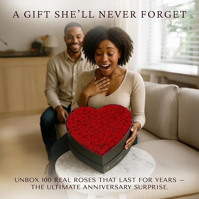 100 Preserved Roses, Forever Flowers for Delivery in Designer Heart-Shaped Box, Petite Long-Lasting Buds for Women, Eternal Rose Bouquet for Mothers Day, Girlfriend's Birthday