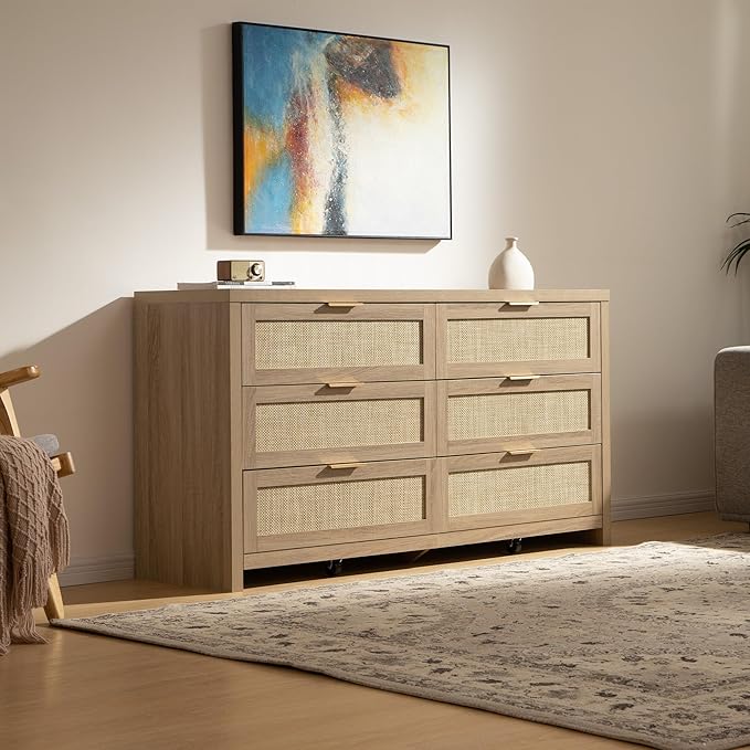 SICOTAS Rattan Dresser for Bedroom, 57" Wide 6 Drawer Dresser with Ample Storage, Dressers Large Chest of Drawers, Closet, Boho TV Stand for Bedroom (Reclaimed Light Oak, 1 Piece)
