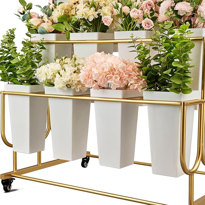 Flower Display Stand Frame, 4-Tier Flower Cart with Wheels, Metal Floral Display Rack , Moving Florist Bouquet Shelf for Shop ,Flower Bar, Events (Gold - 4 Tier) ,Without Flower Buckets