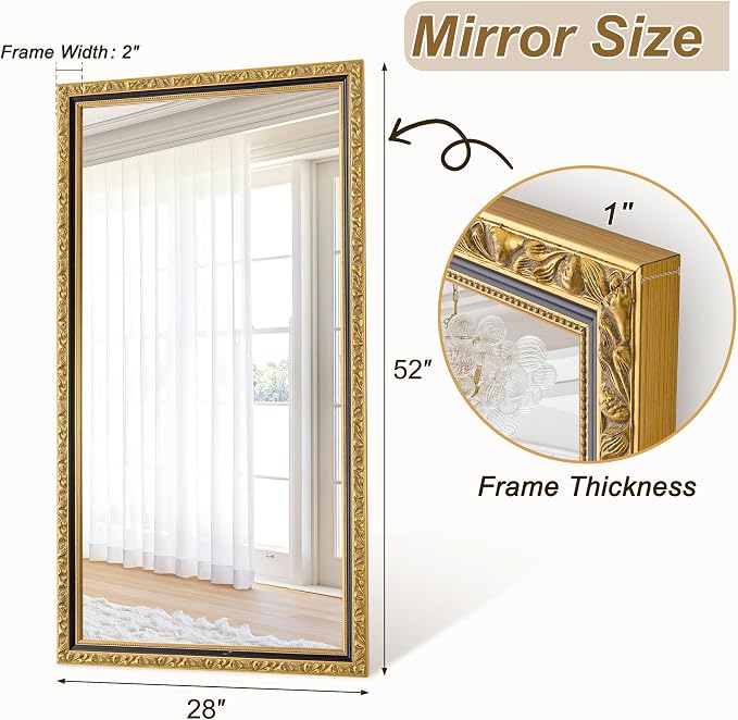 Large Vintage Decorative Mirror for Wall, 52'' x 28'' Gold Antiuqe Living Room Mirror with Black Gold Frame, Traditional Vintage Gold Wooden Mirrors, Horizontal/Vertical