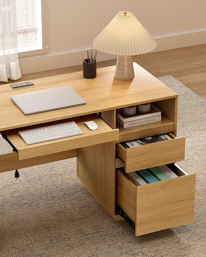 Farmhouse Executive Desk with File Drawer 59" Large Computer Desk Home Office Desk with Charging Station, Keyboard Tray, Storage Cabinet Modern Workspace for Study, Writing, Nautral Oak