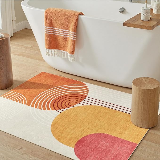 DCX Abstract Machine Washable 2x3Rug, Mid Century Modern Rug for Living Room, Soft Low Pile Non Slip Carpet, Kid & Pet Friendly Stain Resistant Rug for Bedroom Dining Room Office, Orange & Yellow
