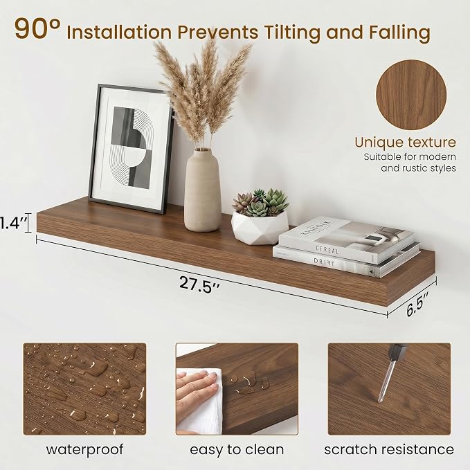 Dreamland Floating Shelves for Wall, 27.5 Inch Long Shelves, Wall Decor for Bedroom, Kitchen, Living Room & Book Storage, Mounted Floating Shelf with Invisible Brackets, Set of 2, Walnut