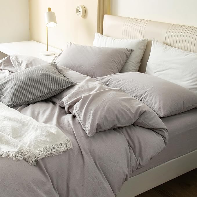JIYUAN 100% Washed Cotton Duvet Cover Set 3 Pieces Full, 1 Duvet Cover 80x90 Inches(Comforter Not Included) and 2 Pillowcases,Linen Feel Bedding Set Comfy and Breathable, Heathered Linen