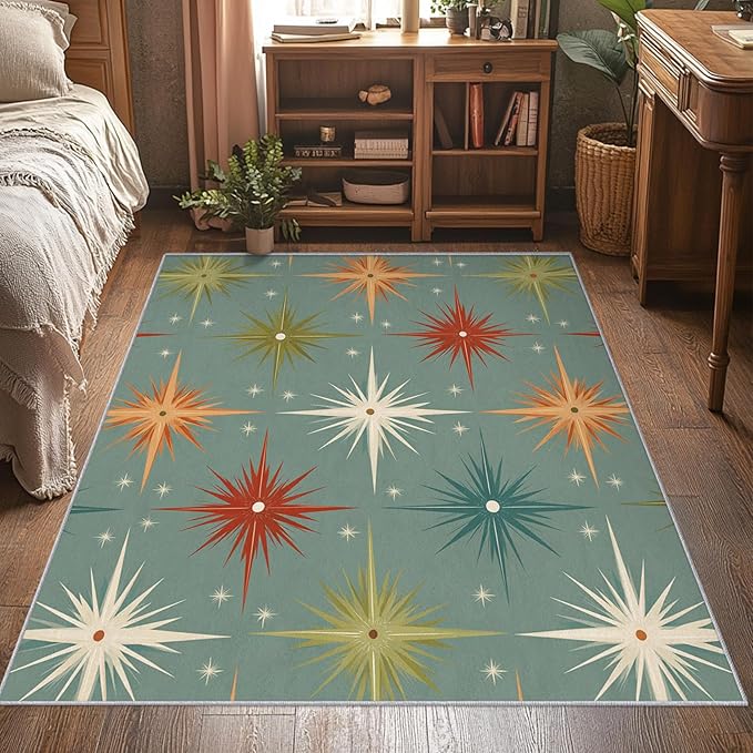 Mid Century Modern Rugs for Entryway 2x3 ft, Starburst Area Rugs for Bedroom, Washable Non Slip Low Pile Small Abstract Atomic Carpet, Indoor Door Mat, Home Decor PF-P 107
