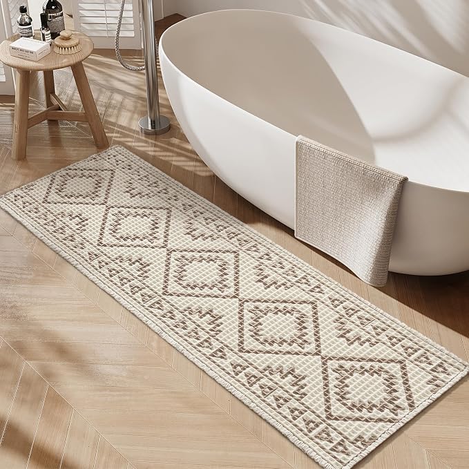 PADOOR-Waffle Bathroom Runner 24"x48", Super Absorbent Bath Mats for Bathroom, Machine Washable Non Slip Bath Rug with Tassels, Soft Bath Mat for Laundry Room, Bedroom, Cream & Brown, 2'x 4'