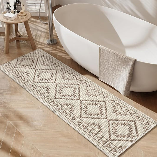 PADOOR-Waffle Bathroom Runner 24"x72", Super Absorbent Bath Mats for Bathroom, Machine Washable Non Slip Bath Rug with Tassels, Soft Bath Mat for Laundry Room, Bedroom, Cream & Brown, 2'x 6'