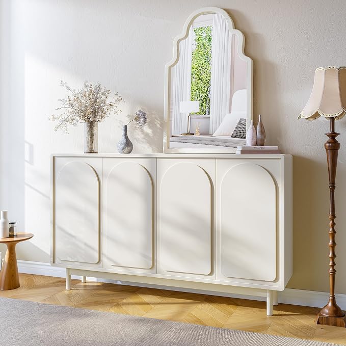 40"x24" French Country Arched Mirror, Creamy Off-White Wood Frame for Fireplace Mantel, Large Farmhouse Wall Mirror for Bathroom Vanity & Bedroom, Warm Beige Tone