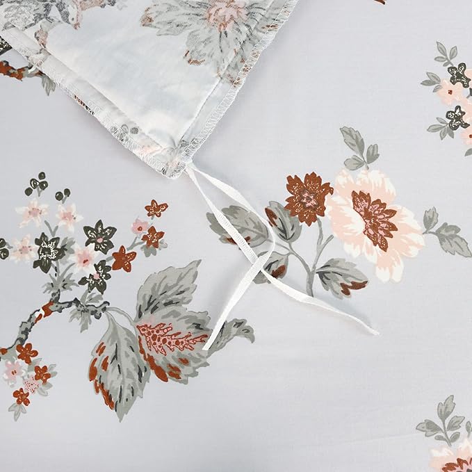 FADFAY Duvet Cover Set Elegant Floral Bedding Shabby Grey Bird Flower Quilt Cover Set Vintage Farmhouse Bedding 100% Cotton Comforter Cover Set with Zipper Closure 3Pcs, King/California King Size