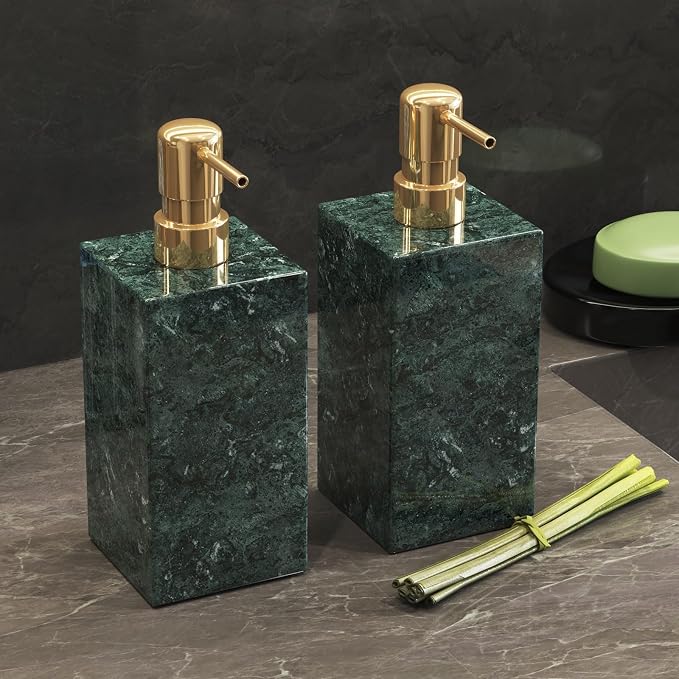 2 Set Real Natural Marble Soap Dispenser with Stainless Steel Pump – Decorative Liquid Hand Soap Bottle for Kitchen & Bathroom, Compatible with Lotion, Dish Soap & Shower Gel (Green)