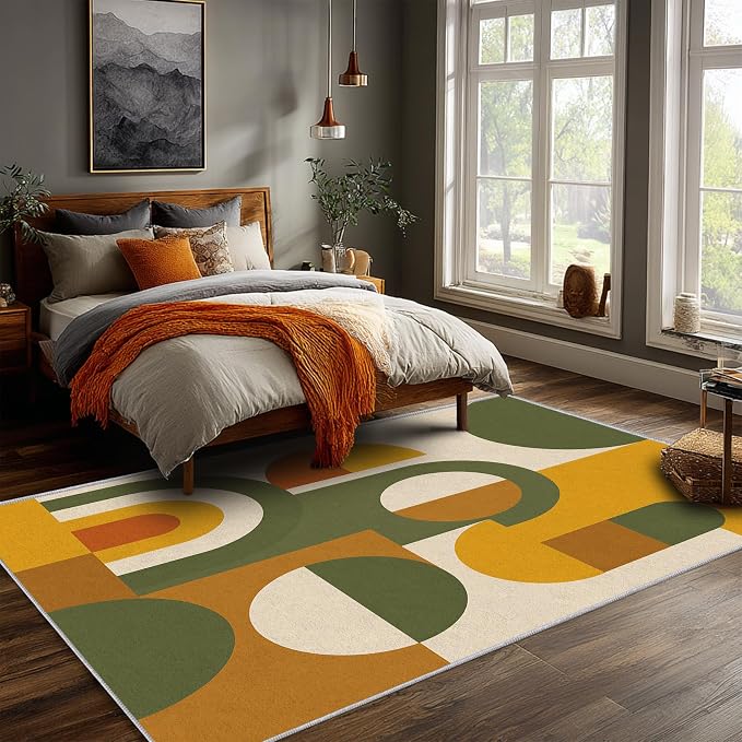 Mid Century Area Rug 8x10, Home Decor | Olive Mustard Bauhaus Circle, Retro Geometric Rug for Living Room, Bedroom, Home Office, Non Slip, Washable, Low Pile