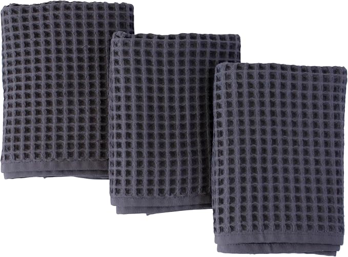 PÜSKÜL Natural 100% Turkish Cotton Waffle Kitchen Towels Set of 3 | Oeko-Tex, Premium Waffle Hand Towels for Bathroom | Soft Absorbent Quick-Dry Lint-Free Dish Towel Large 32x16 inch (3, Dark Gray)