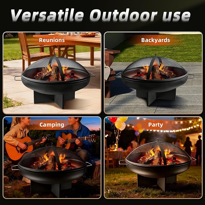 HEAHOLD 24 Inch Fire Pit for Outside Outdoor Wood Burning Firepit Bowl Heavy Duty Steel Bonfire Pit for Patio Backyard Camping Deck with Spark Screen, Log Grate & Poker