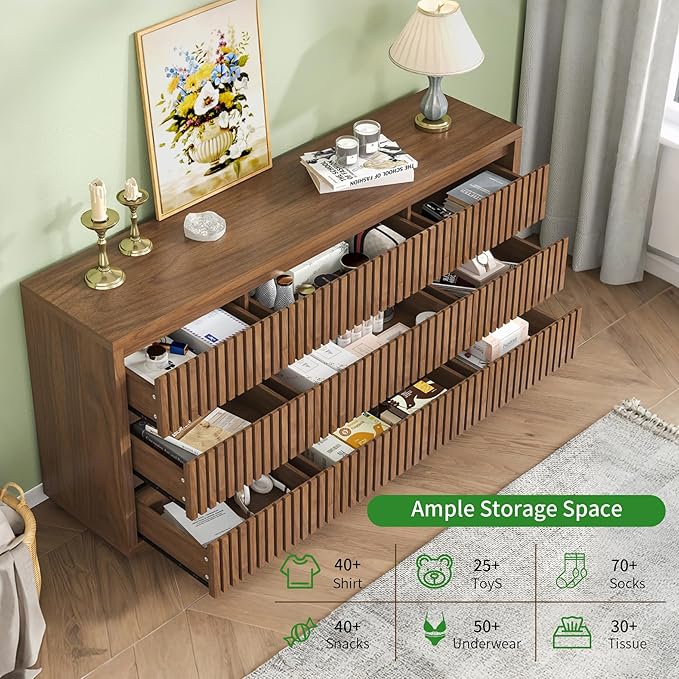 Fluted Long 9 Drawer Dresser, Large Mid Century Dresser for Bedroom, 58" Wide Vintage Chest of Drawers, Wood Closet Clothes Organizer, Walnut TV Stand for Living Room, Wooden, Brown
