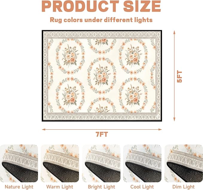 5'x7' Boho Floral Area Rug Vintage Peach Rose Carpet Non-Slip Washable Floor Mat Neutral Aesthetic Botanical Rug for Bedroom Living Room Nursery Kitchen Playroom Home Decor