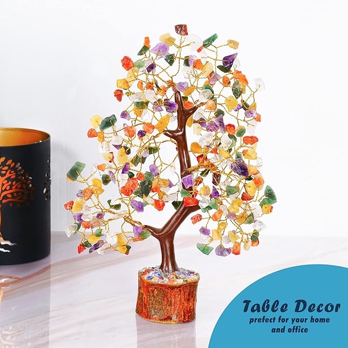 YATHABI Chakra Tree Sculpture - Mix Chakra Golden Wire Crystal Bonsai Tree - Positive Energy, Meditation Decor, Spiritual Gift