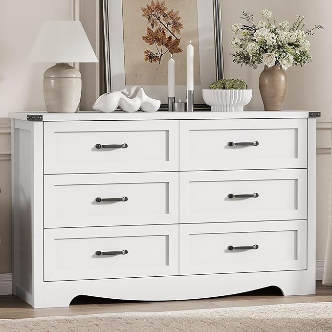 Dresser for Bedroom with 6 Drawers, 54" Wide Wood Chest of Drawers with Deep Drawers & Mental Handle, Modern Dresser TV Stand, Wooden Closet Storage Organizer for Living Room, Hallway, Entryway, White