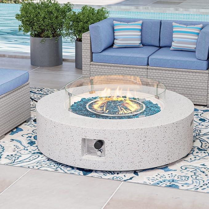 COSIEST Outdoor Propane Fire Pit Coffee Table w Terrazzo White 40.5-inch Round Base Patio Heater, Certified, 50,000 BTU Stainless Steel Burner, Wind Guard, Aqua Blue Fire Glass, Rain Cover