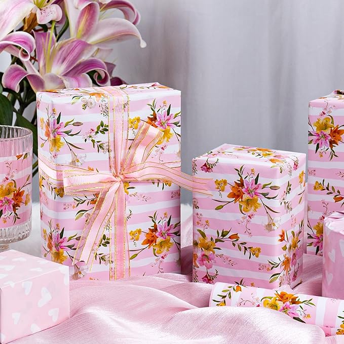 Burymento Pink Striped Flower Wrapping Paper, Reversible Pink Love Design Gift Wrap for Baby Shower, Birthday, Valentines, Mothers day, Graduation, Wedding, Fathers day, Christmas (17 Inch X 32.8 Feet)