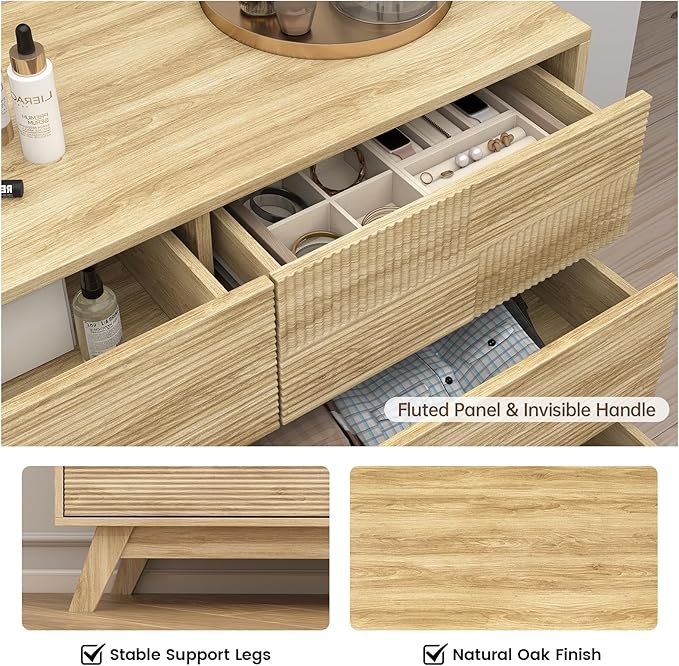 Hadulcet Fluted 6 Drawers Dresser for Bedroom, Modern Minimalist Style, 47” Wide Handleless Chest of Drawers, Wooden Dresser TV Stand, Closet Clothes Storage Organizer for Hallway, Natural Oak