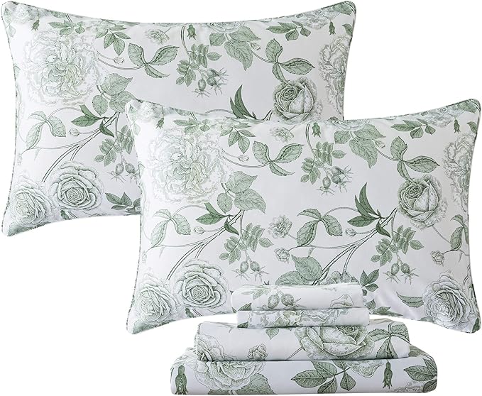 FADFAY Sheets Set Queen Vintage White and Green Floral Bedding Elegant Peony Sheets Set Shabby Rose Farmhouse Bedding 100% Egyptian Cotton 800 Thread Count Deep Pocket Fitted Sheet 4Pcs, Queen Size