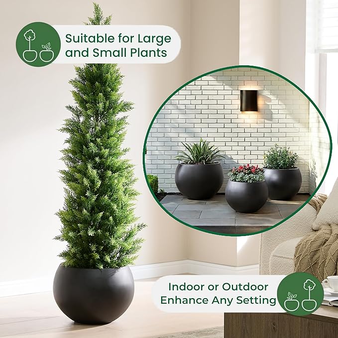 Fiberstone Sphere Planter, Black 15.8" Dia Round Flower Pot with Drainage Hole and Removable Plug, Round Plant Pot for Indoor Outdoor Use, 11.8" Opening-10.9" H, Medium