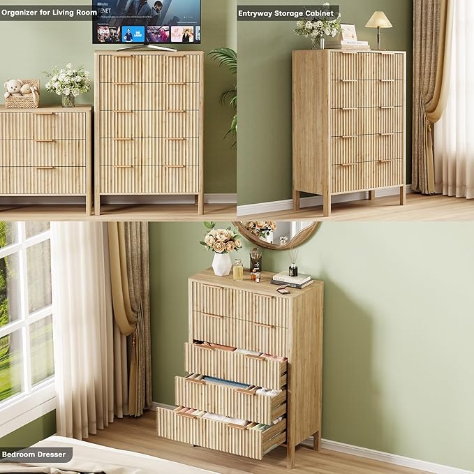 47" Tall Dressers for Bedroom Fluted 5 Drawer Dresser, Wooden Dresser Modern Chest of Drawers Dressers with Organizer Storage for Bedroom, Living Room, Entryway, Oak