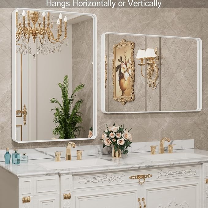LOAAO 20x30 Inch White Metal Framed Bathroom Mirror for Wall, White Bathroom Vanity Mirror Farmhouse, Large Rounded Rectangle Mirror, Anti-Rust, Hangs Horizontally or Vertically