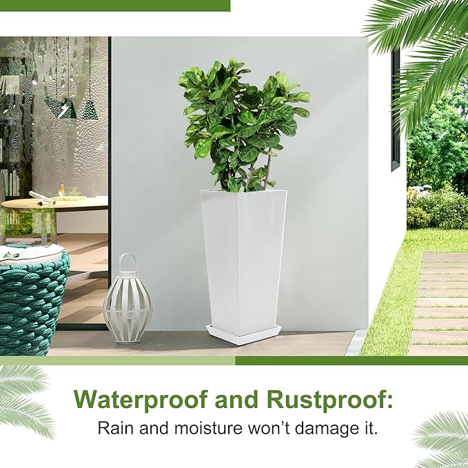 24" Tall Planters for Outdoor Plants, Set of 2 Large Outdoor Planters for Front Porch Decor with Drainage Hole, Tall Planter(White)