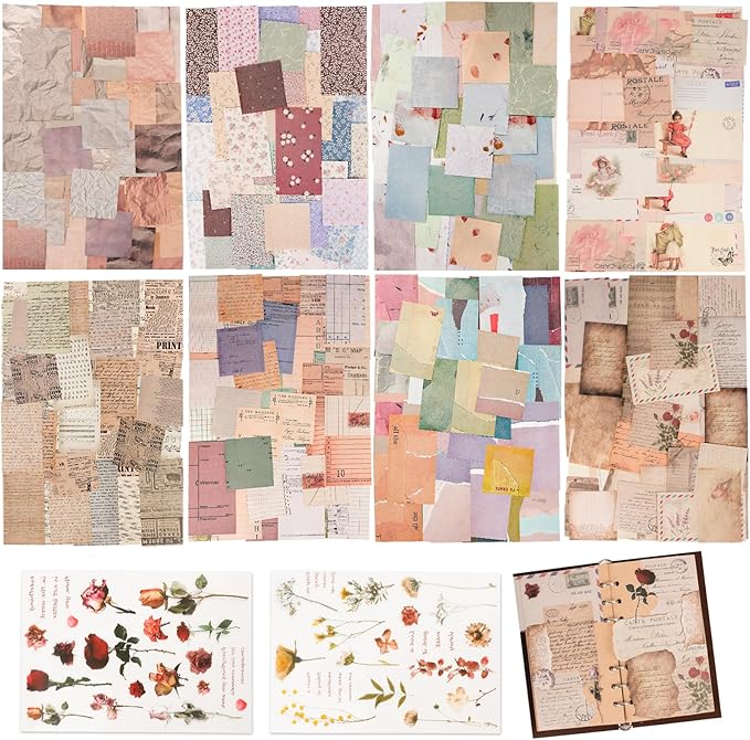 517 Pcs Vintage Scrapbook Paper,Scrapbook Supplies Stickers,Journaling Supplies Include 37 Pcs Flowers Stickers Aesthetic Journal Paper for Planner,Bullet Journaling,Junk Journal