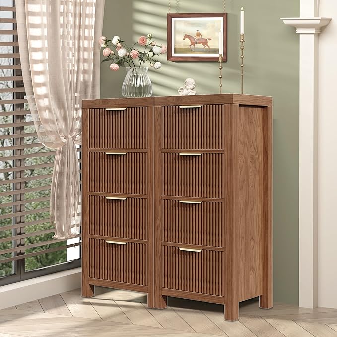 Modern 8-Drawer Solid Wood Dresser with Fluted Front & Gold Handles, Multifunctional Tall Storage Chest, for Hallway, Entryway, Walnut X2